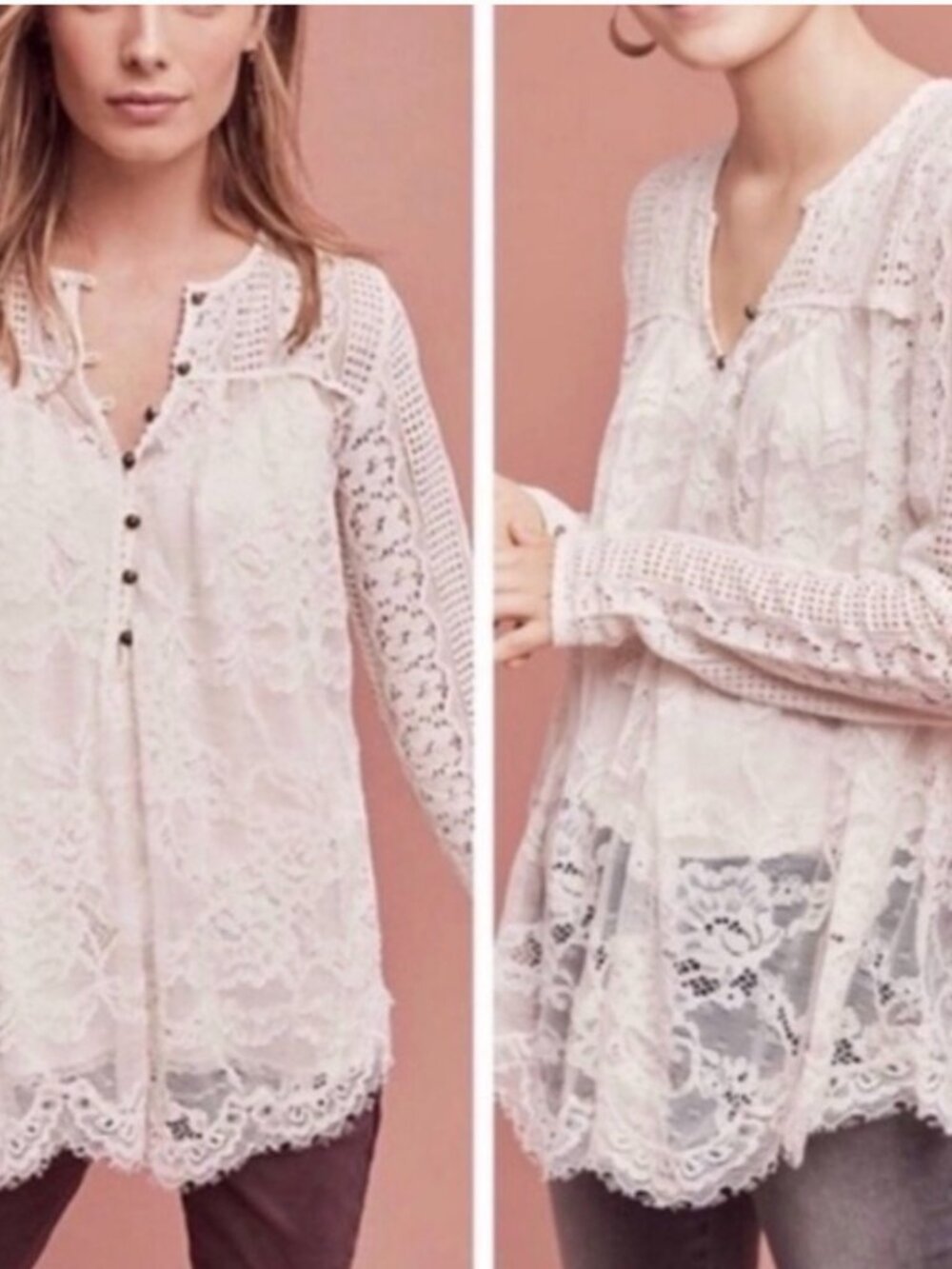 Anthropologie Ivory Lace Top with Sheer Crochet Details Popover Sz 4 Floreat